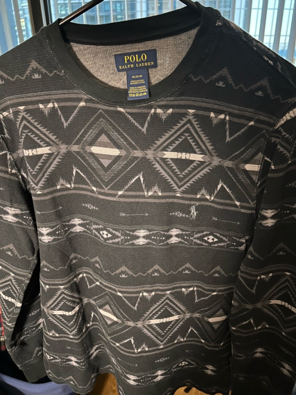 Polo by Ralph Lauren Black & Gray Patterned Waffle Knit Long Sleeve